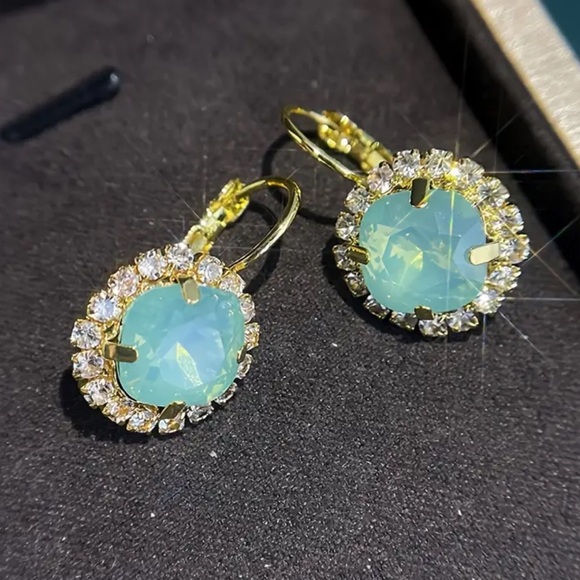 Milky Iridescent Green Zirconia Stones Drop GoldTone Beautiful Earrings - Picture 3 of 7